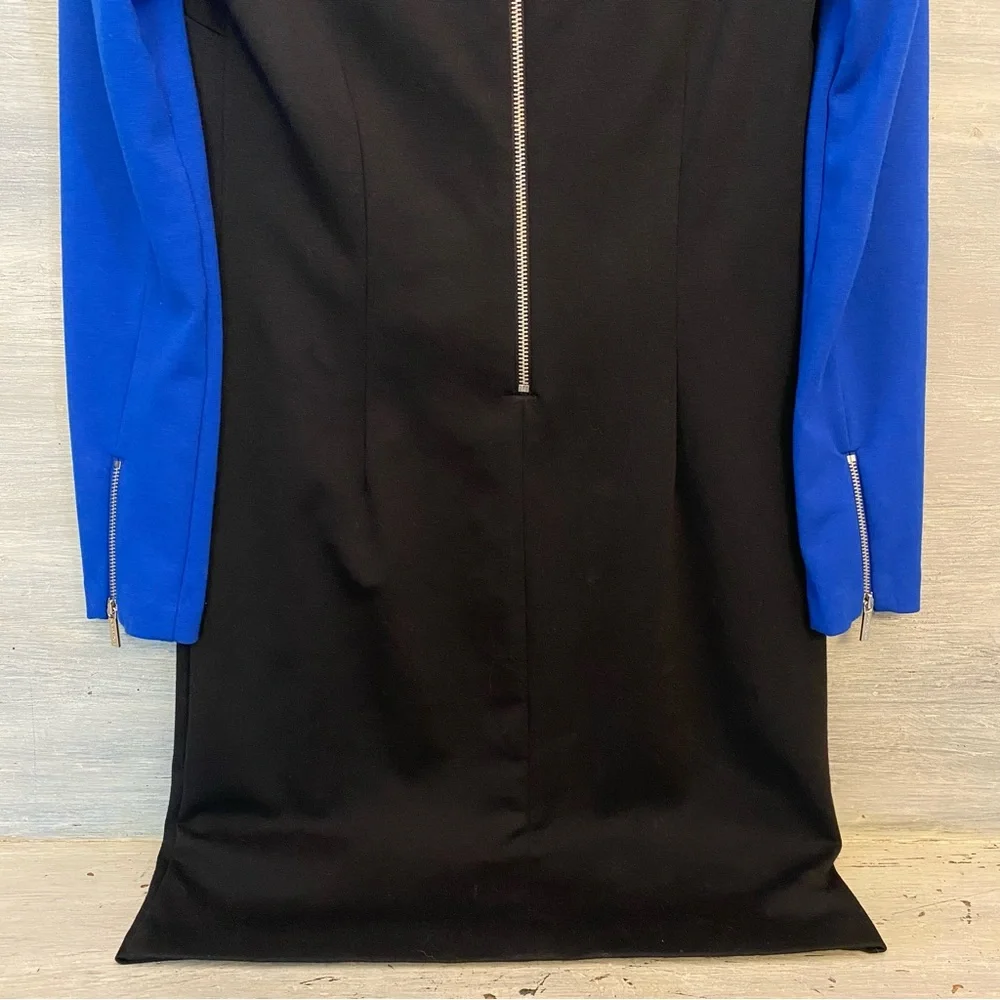 Michael Kors Sheath Dress Royal Blue and Black Silver Zip Back and Sleeves‎ GC